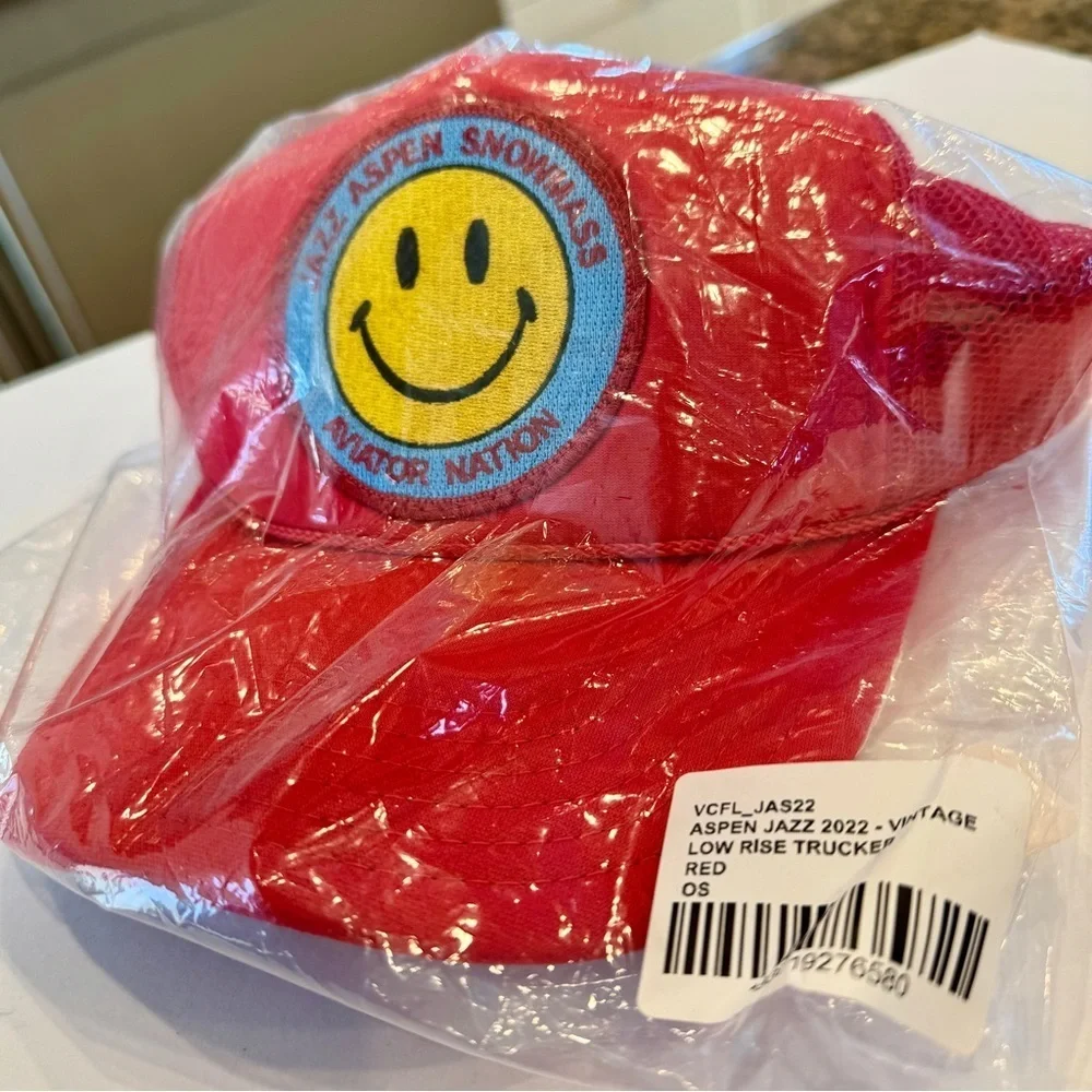 NWT Aviator Nation Jazz Aspen Snowmass 2022 Festival Trucker Hat Smiley Red
